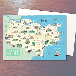 May include: A rectangular postcard featuring a colorful illustrated map of Kent, England. The map displays various landmarks, towns, and coastal features with the word KENT printed in a large white font on a light green background.