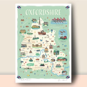 Oxfordshire map poster, illustrated print showing many landmarks of this English county, perfect gift or travel souvenir A4, A3 or A2.