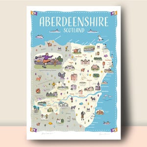 Aberdeenshire map, Scotland, an illustrated map poster showing many landmarks and attractions, perfect gift or travel souvenir A4, A3 or A2.