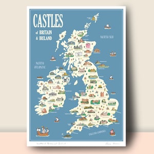 Châteaux de Bretagne et d'Irlande, A4, A3 ou A2. Affiche de carte illustrée unique, cadeau ou souvenir parfait