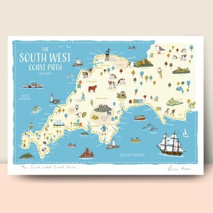 Sentier de la côte sud-ouest, carte murale ornementale illustrée ou impression A4, A3 ou A2, pour les marcheurs, Cornouailles, Devon, Somerset et Dorset en Angleterre