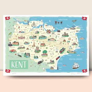Carte murale du Kent, impression illustrée par Fiona Horan, affiche de voyage, cadeau de pendaison de crémaillère, A4, A3, A2
