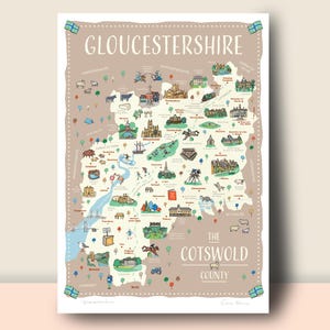 Carte murale du Gloucestershire, impression illustrée, affiche de voyage, cadeau de pendaison de crémaillère, souvenir des Cotswolds A4, A3, A2