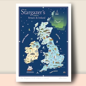 Carte astronomique de la Grande-Bretagne et de l'Irlande. Plus de 50 observatoires britanniques et irlandais, festivals et parcs à ciel ouvert illustrés.