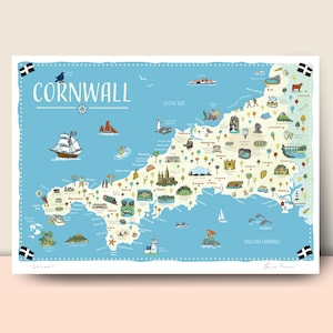 Carte murale des Cornouailles, impression illustrée par Fiona Horan, affiche de voyage, cadeau de pendaison de crémaillère, A4, A3, A2