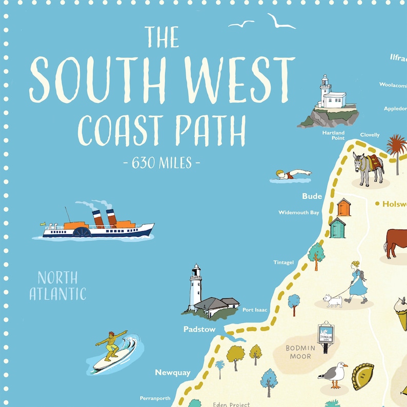 Sw Coast Path Printable Map.pdf South West Coast Path Map Print: Illustrated England Hiking Trail - Etsy UK