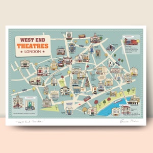 West End Theatres, carte illustrée, Londres, montrant plus de 40 théâtres célèbres, A4, A3 ou A2