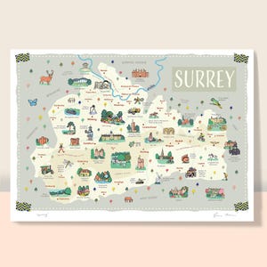 Surrey Illustrated Map Poster – Art Print of Surrey County, UK, perfect gift or travel souvenir A4, A3 or A2.
