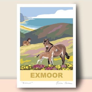 EXMOOR: Art Print or Travel Poster, Exmoor ponies, Hand Signed, Devon and Somerset picture