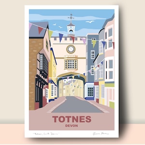 May include: A colorful illustration of a street scene in Totnes, Devon, England. The street is lined with buildings, and there are flags hanging overhead. The text "Totnes, Devon" is printed in red at the bottom of the image.