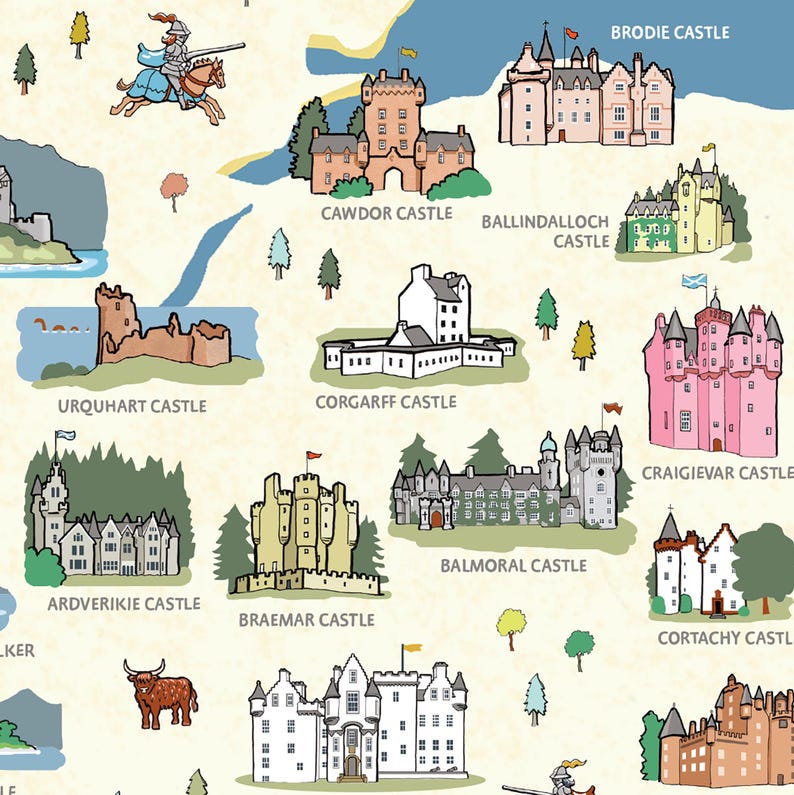 Sw Scotland Map Castles of Scotland Postcard, A6 Illustrated Map Print, Scottish ...