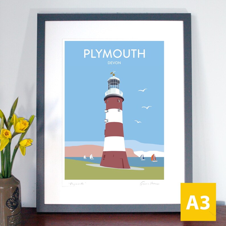 Plymouth Hoe, Devon: Travel Poster, Hand Signed With White Lettering ...