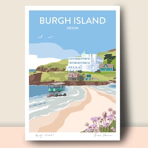 Burgh Island, Devon with white lettering: Travel Poster, Hand Signed A5, A4,A3 or A2 by Fiona Horan