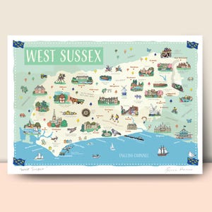 Carte murale du Sussex de l'Ouest, impression illustrée par Fiona Horan, affiche de voyage, cadeau de pendaison de crémaillère, A4, A3, A2