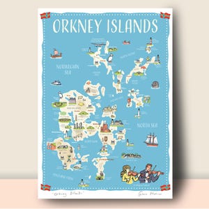 Impression de carte illustrée des îles Orcades montrant de nombreux monuments de ces îles écossaises, cadeau parfait ou souvenir de voyage A4, A3 ou A2.