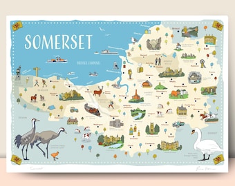 Carte illustrée du Somerset, impression d'art par Fiona Horan, affiche de voyage, cadeau de pendaison de crémaillère, A4, A3, A2