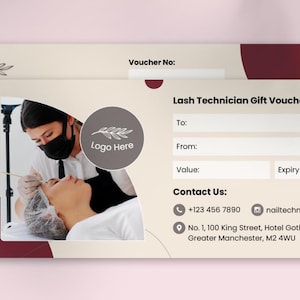 May include: A gift voucher for a lash technician, featuring a photo of a technician and client. The voucher has a beige background with burgundy accents and includes fields for recipient details and contact information.