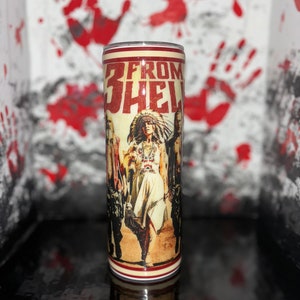 May include: A stainless steel tumbler with a vintage-style design featuring a group of people in front of a red and white background. The text "3 From Hell" is printed on the tumbler.
