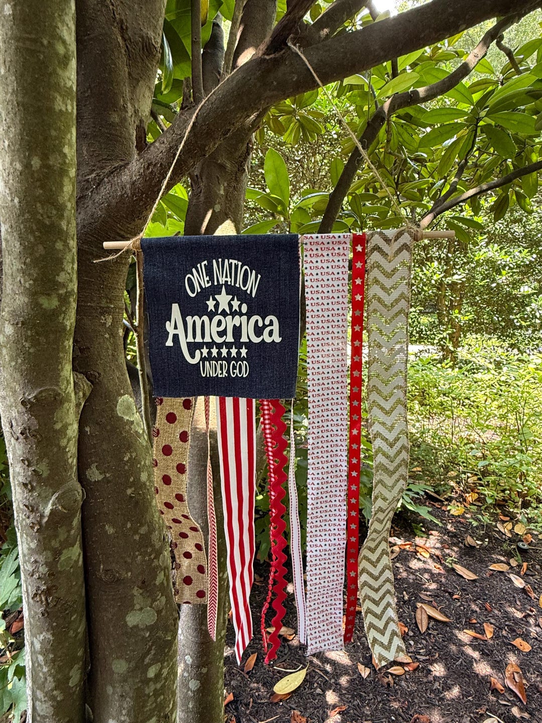 American Flag Ribbon Rag Banner: Patriotic 4th of July Decor; God Bless ...