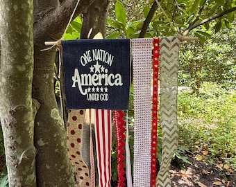 American Flag Ribbon Rag Banner: Patriotic 4th of July Decor; God Bless America; Independence Day; America 250