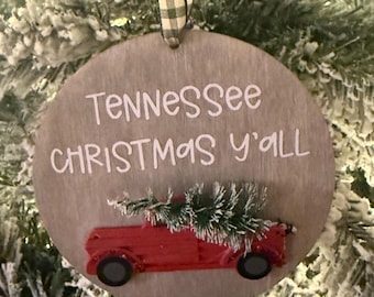 Tennessee Christmas Y'all Wood Christmas Ornament, Red Truck, State Ornament