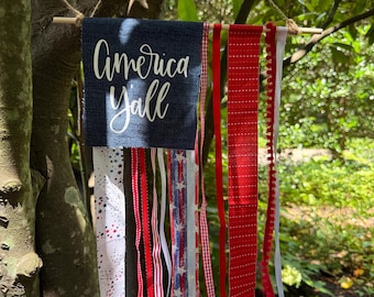 American Flag Ribbon Banner, Rustic Farmhouse 4th of July Decor; America Y’all