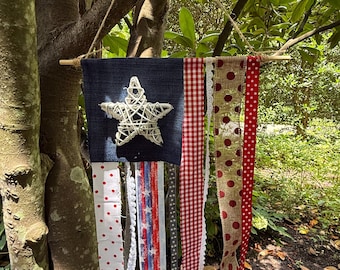 Farmhouse American Flag Ribbon Banner, Rustic USA Patriotic Decor, Independence Day, America 250
