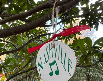 Nashville Music City Wood Slice Christmas Ornament, Farmhouse Style
