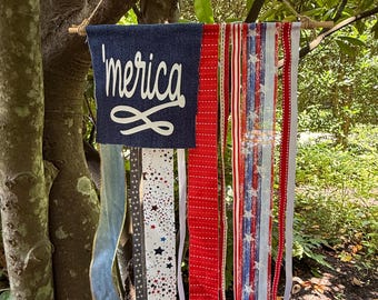 American Flag USA Decorative Ribbon Rag Farmhouse Flag banner; 'Merica; 4th of July, Independence Day, America 250
