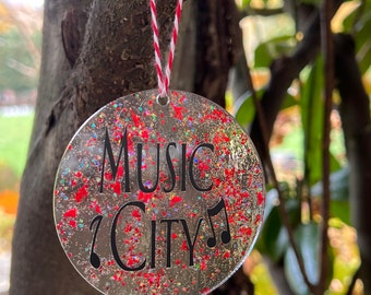 Music City Nashville Christmas Ornament, Red Glitter Backing