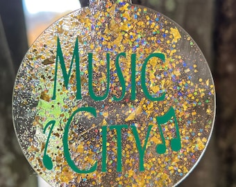 Music City Nashville Ornament, Gold Glitter Christmas Tree Decoration