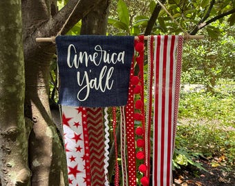 American Flag Ribbon Banner, Rustic Farmhouse 4th of July Decor, Independence Day, America 250