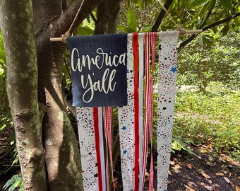 Rustic American Flag Banner, Denim 'America Y'all' Patriotic Decor, Independence Day, America 250