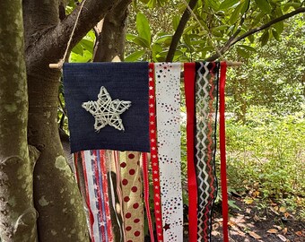 Farmhouse American Flag Ribbon Banner, Rustic Patriotic Decor; Stars and Stripes, USA, Independence Day