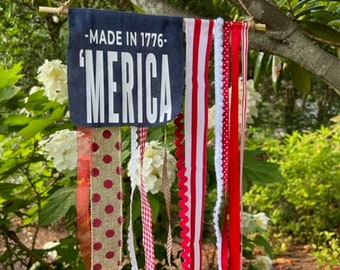 American Flag Ribbon Banner: Rustic 4th of July Farmhouse Decor; 1776 Made in ‘Merica, Independence Day, America 250