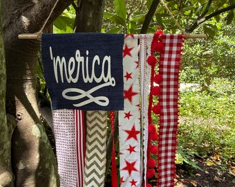 American Flag USA Decorative Ribbon Rag Farmhouse Flag banner; 'Merica; 4th of July, Independence Day, America 250