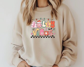Christmas Jolly Vibes Sweatshirt, Retro Holiday Sweater, Festive Winter Pullover, Colorful Xmas Jumper, Fun Unisex Crewneck