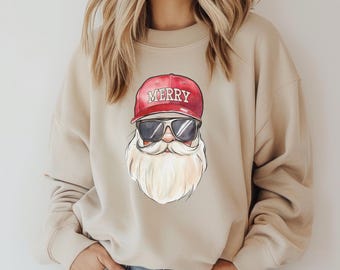 Vintage Santa Face Crewneck Sweatshirt, Retro Santa with Sunglasses & Merry Trucker Hat, Christmas Jumper, Holiday Sweater, Winter Pullover,