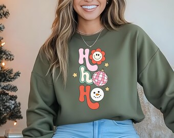 Sweatshirts Holiday Retro Sweatshirt, Ho Ho Ho Holiday Jumper, Festive Crewneck Pullover, Winter Season Apparel, Vintage Santa Claus Top