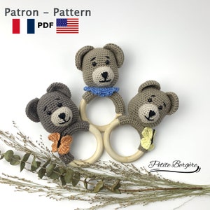 Crochet bear rattle pattern, French/English pdf pattern, amigurumi bear, crochet baby toy, easy bear pattern, teddy bear rattle tutorial