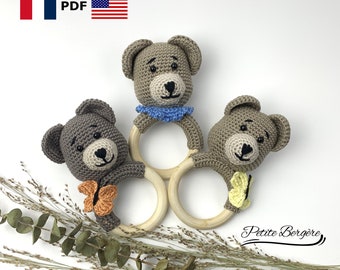 Crochet bear rattle pattern, French/English pdf pattern, amigurumi bear, crochet baby toy, easy bear pattern, teddy bear rattle tutorial