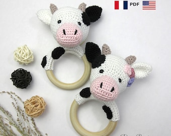 Crochet cow rattle pattern, French/English pdf pattern, cow amigurumi, baby toy, baby shower crochet gift