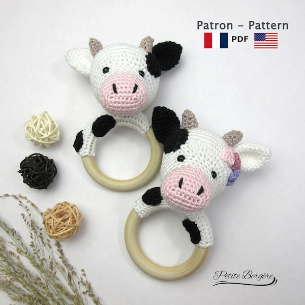 Crochet cow rattle pattern, French/English pdf pattern, cow amigurumi, baby toy, baby shower crochet gift