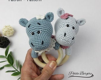 Crochet hippopotamus rattle pattern, French/English PDF, hippopotamus amigurumi, baby toy, baby shower gift