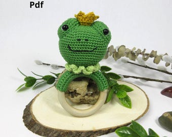 Wzór na grzechotkę w kształcie żaby na szydełku, wzór w formacie PDF w języku francuskim/angielskim, amigurumi w kształcie żaby, zabawka dla dziecka, prezent na baby shower na szydełku