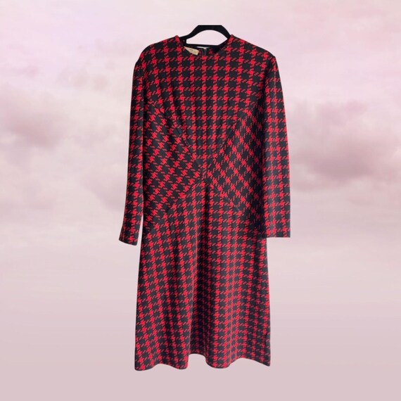 red and black houndstooth dress Vintage 80s Swiss Knit Wool Blend Dress- Red Black Houndstooth Long Sleeve Mod M