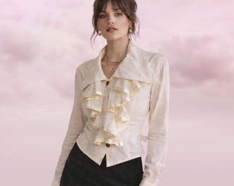 Vintage U.NIK Volangblus Krämfärgad Satinkantad Skjorta S/M 70-talsstil