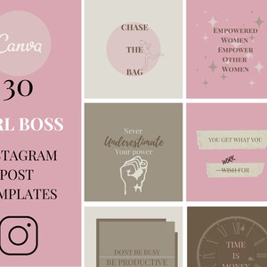 30 Girl Boss Editable Instagram Posts - Pink, Brown, Grey - Instant Download