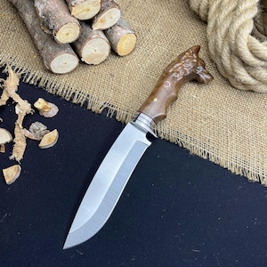 Handmade Hunting Knife, Wolf Head Hunting Knive, Bushcraft Knife, Messer, Camping Knife, Bowie Knife, Survival Gear, Camping Gear