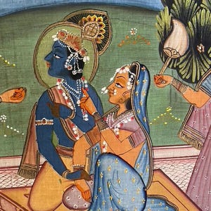 Lord Vishnu in Garden, Original Indian Miniature Art , 35" x 45"-EZ Jewelry and Decor